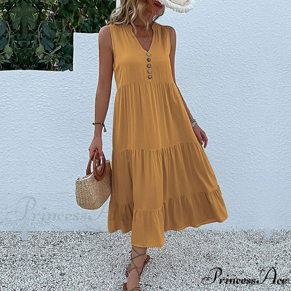 V Neck Button Layered Hem Smock Dress - Image 8