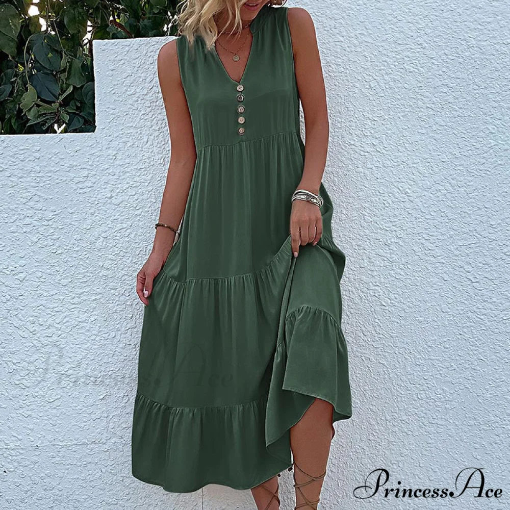 V Neck Button Layered Hem Smock Dress - Image 9