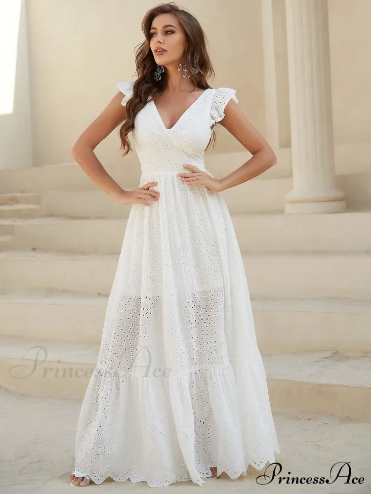 White Lace Dress with Backless Flounce Hem - Image 3