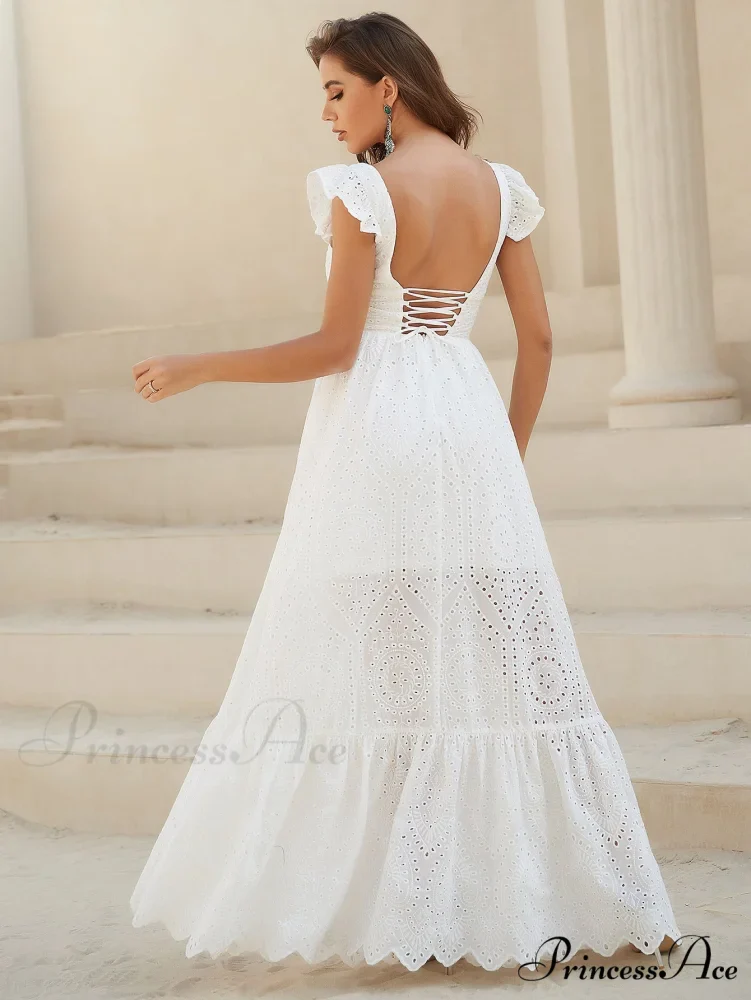 White Lace Dress with Backless Flounce Hem - Image 5