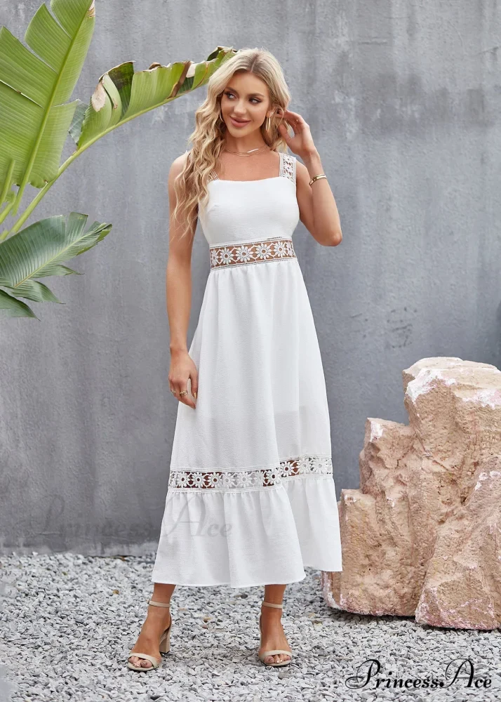 White Lace Insert Ruffle Hem Dress - Image 2