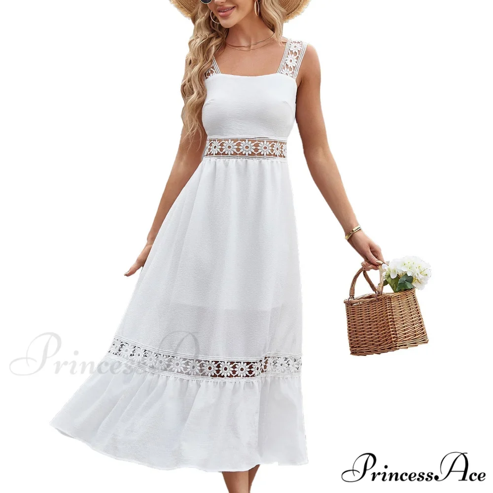 White Lace Insert Ruffle Hem Dress - Image 3