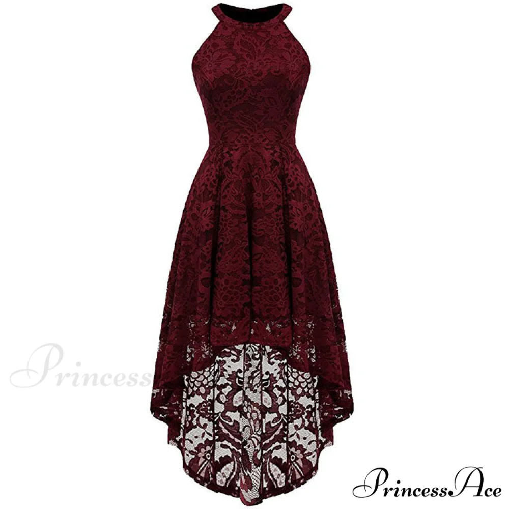 High Low Halter Neck Backless Dress with Lace - Image 9