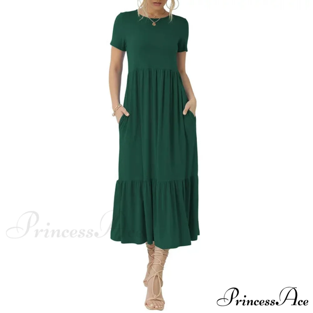 Tiered Maxi Beach Dress with Pockets - Short Sleeve - Image 11