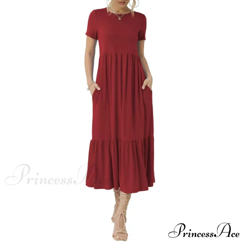 Tiered Maxi Beach Dress with Pockets - Short Sleeve - Image 12