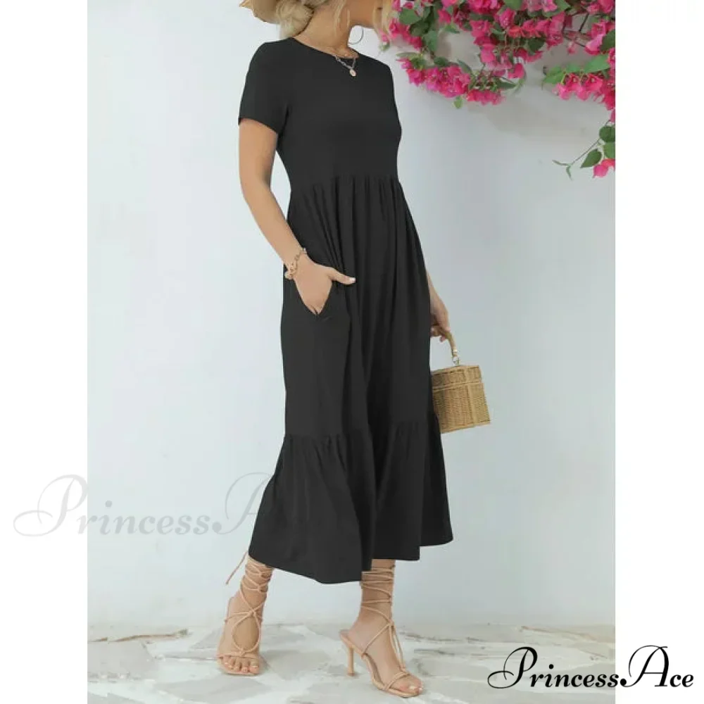 Tiered Maxi Beach Dress with Pockets - Short Sleeve - Image 2
