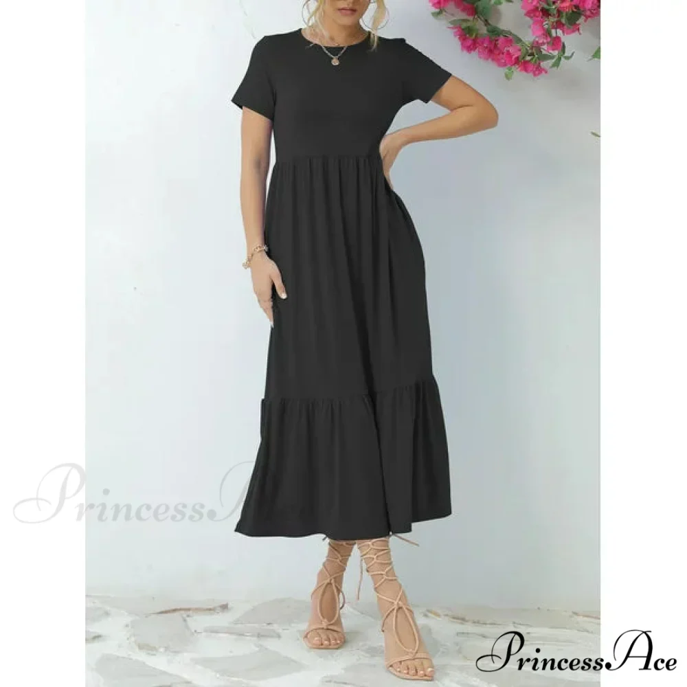 Tiered Maxi Beach Dress with Pockets - Short Sleeve - Image 3