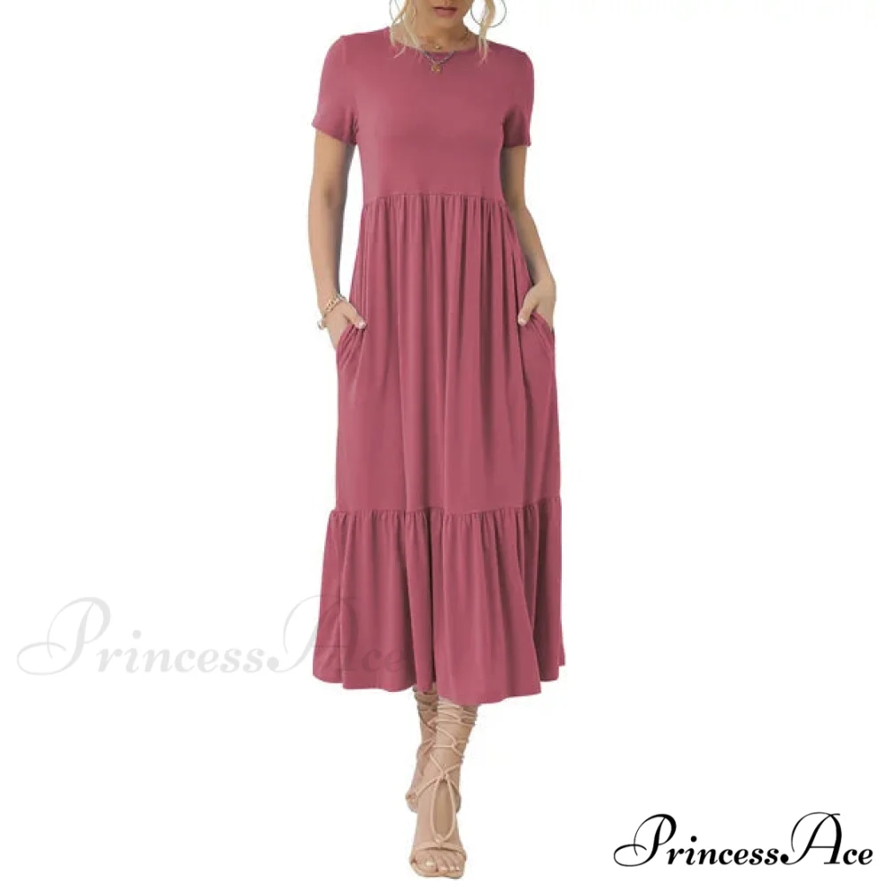 Tiered Maxi Beach Dress with Pockets - Short Sleeve - Image 4