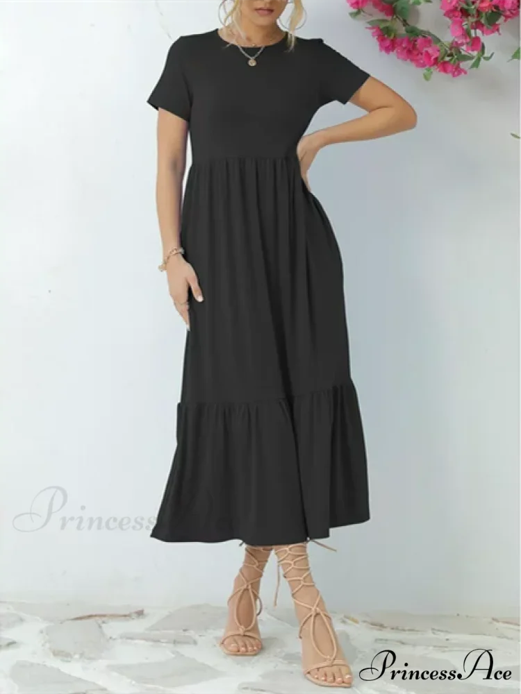 Tiered Maxi Beach Dress with Pockets - Short Sleeve - Image 5