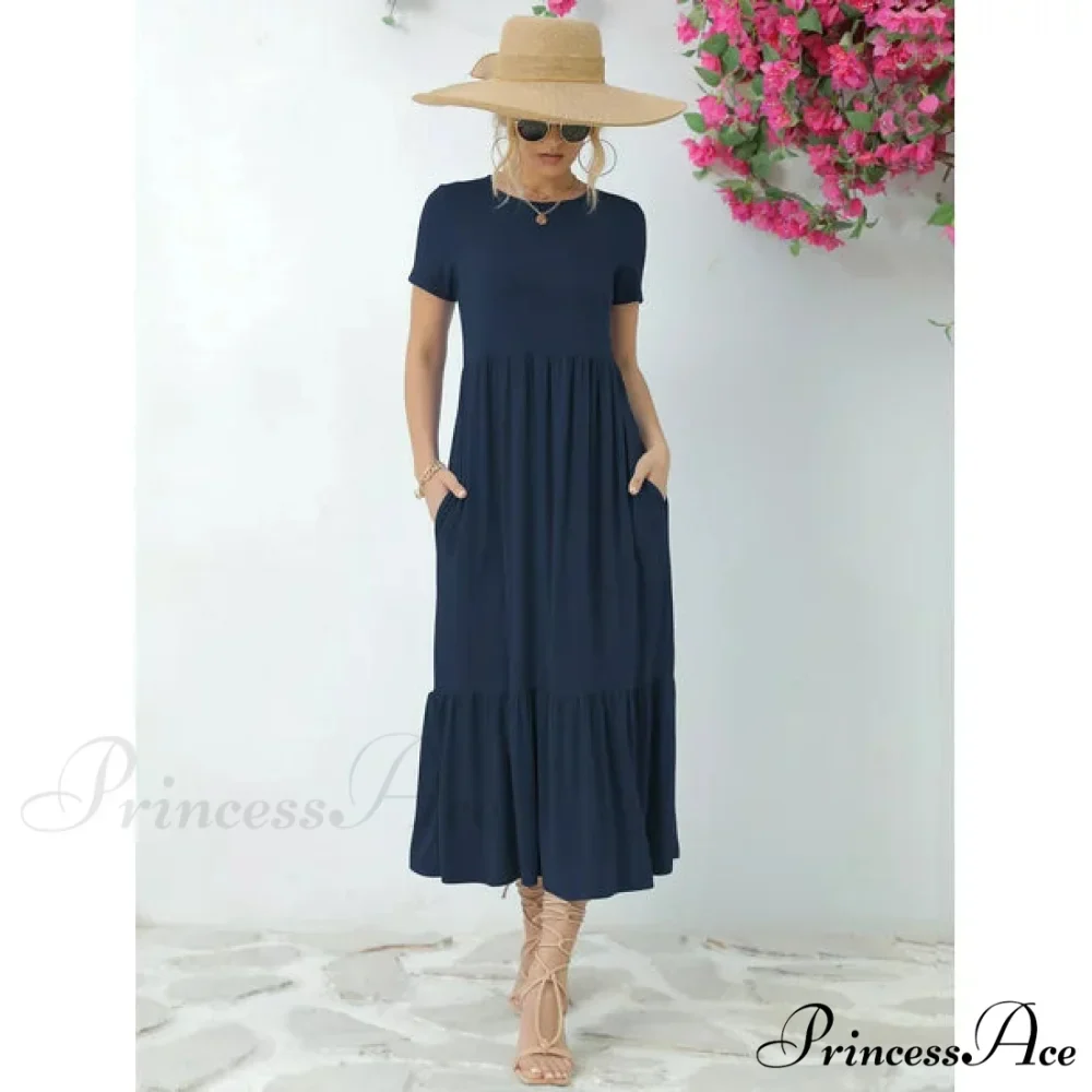 Tiered Maxi Beach Dress with Pockets - Short Sleeve - Image 6