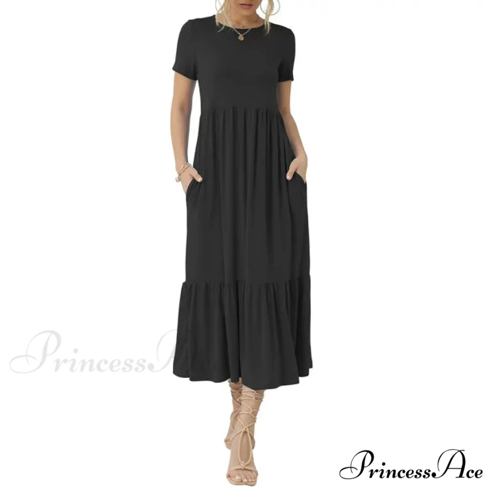 Tiered Maxi Beach Dress with Pockets - Short Sleeve - Image 7