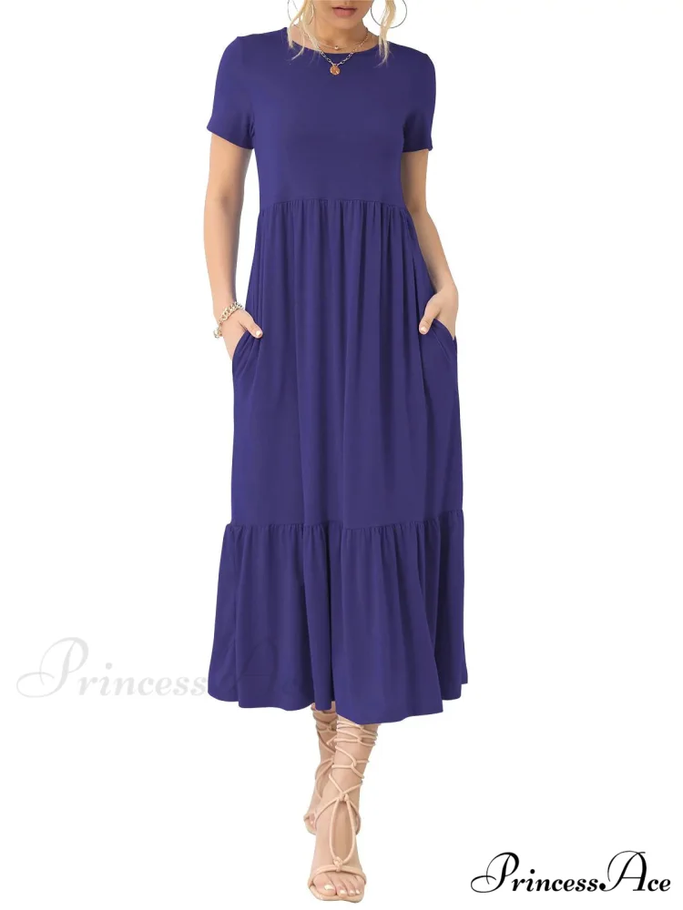Tiered Maxi Beach Dress with Pockets - Short Sleeve - Image 9