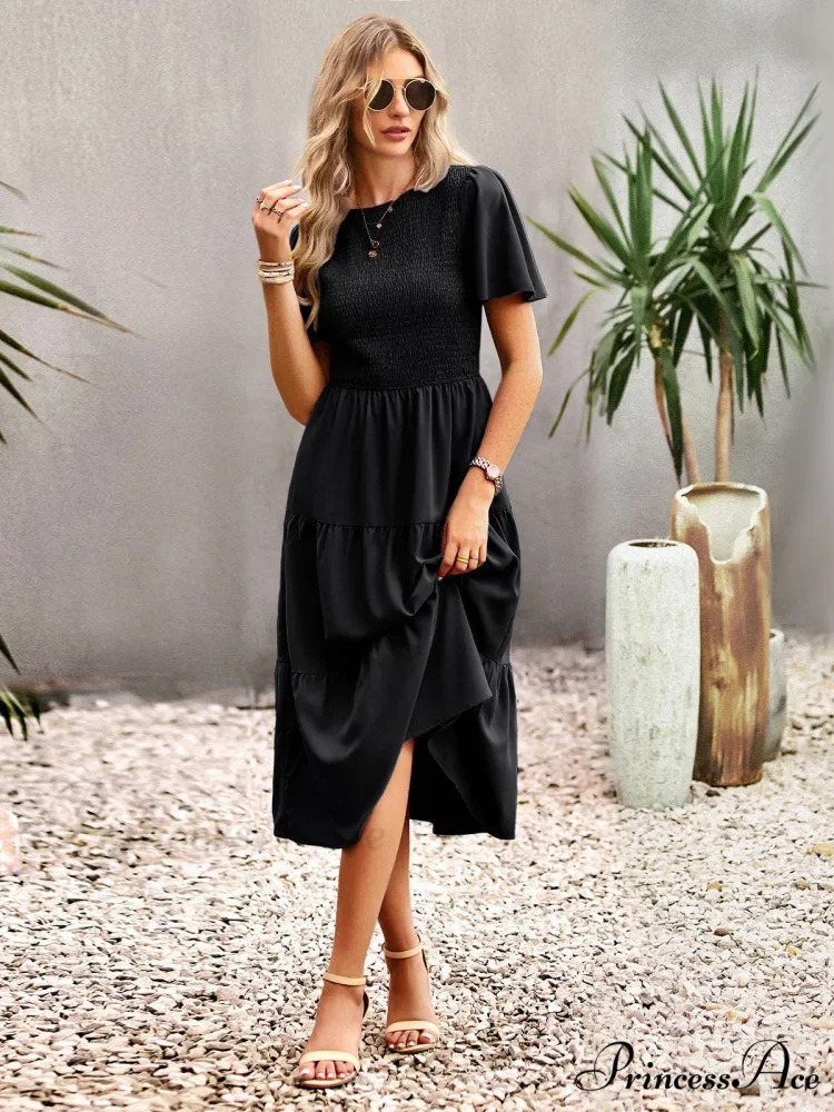 Blue Green Puff Sleeve Smocked Ruffle Tiered Midi Dress - Image 2