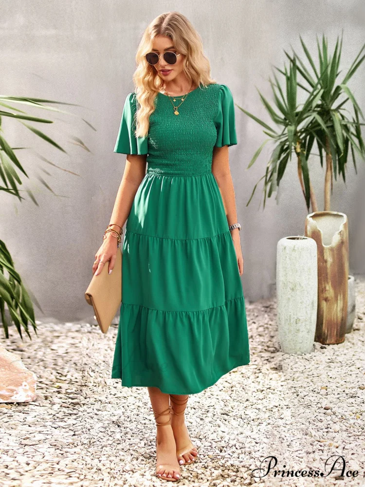 Blue Green Puff Sleeve Smocked Ruffle Tiered Midi Dress - Image 5