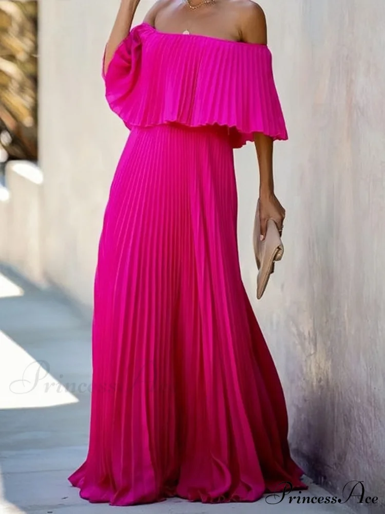 Off Shoulder Pleats Chiffon Maxi Dress for Summer - Image 2