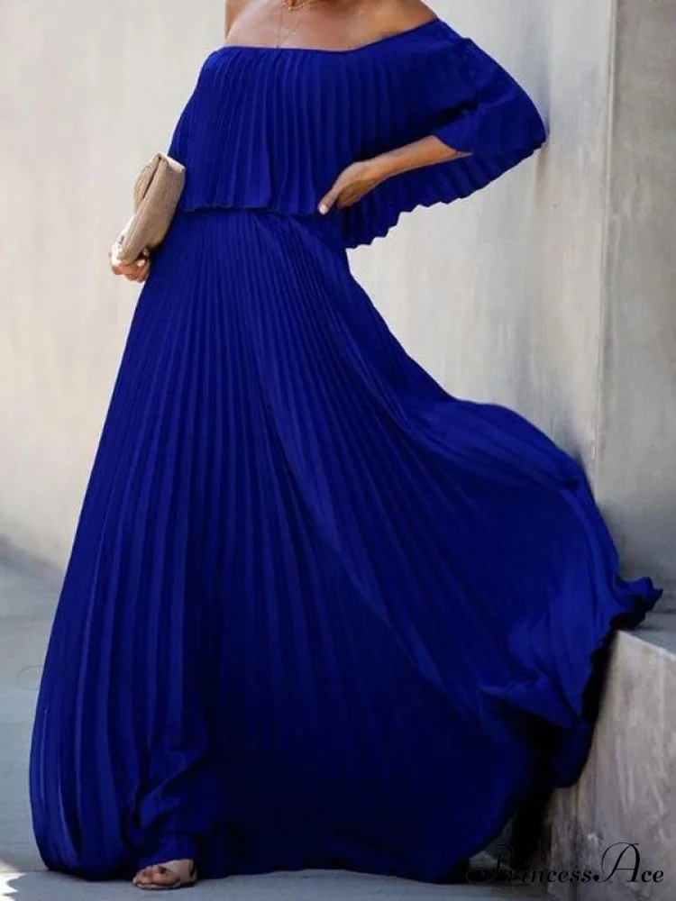 Off Shoulder Pleats Chiffon Maxi Dress for Summer - Image 3