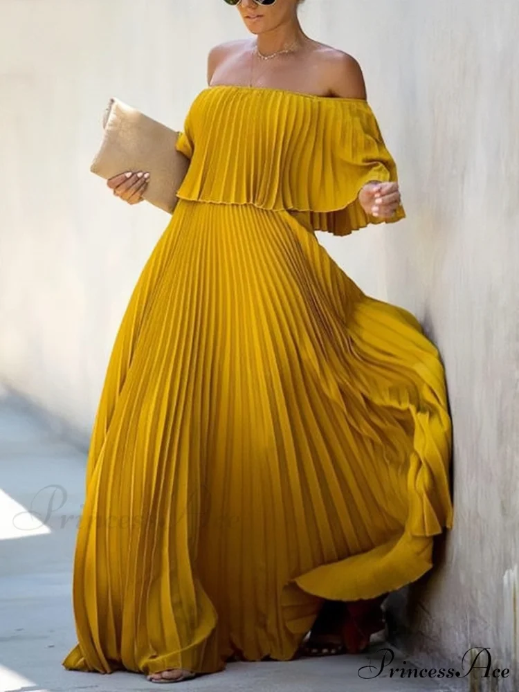 Off Shoulder Pleats Chiffon Maxi Dress for Summer - Image 5