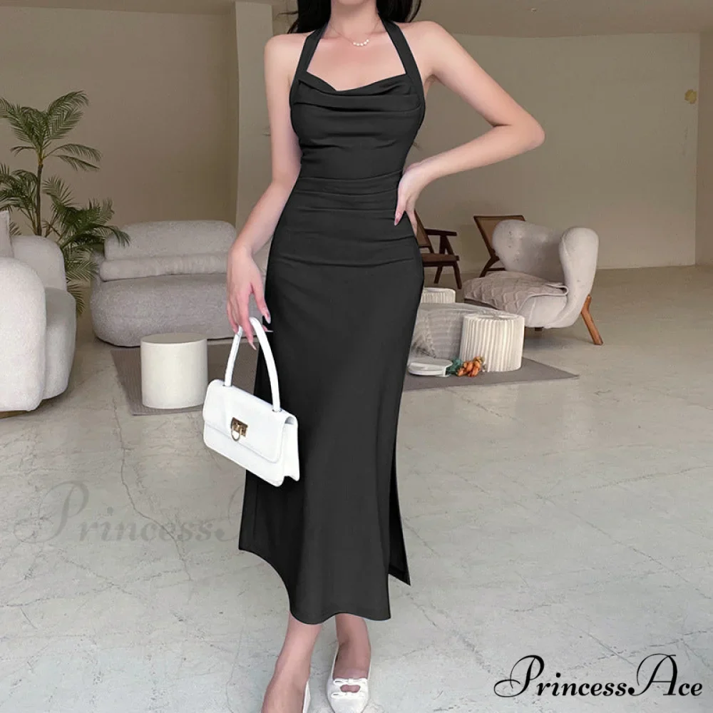 Black Halter Midi Dress with Semi Flare - Image 3