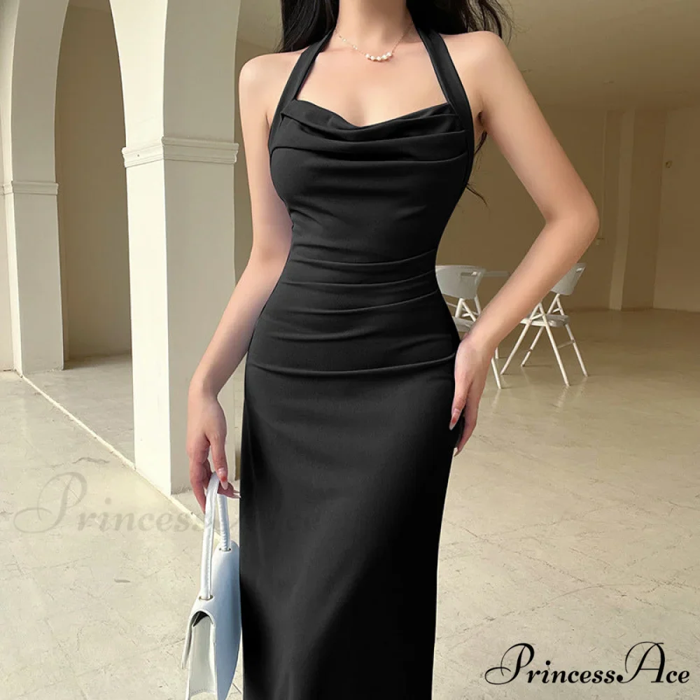 Black Halter Midi Dress with Semi Flare - Image 7