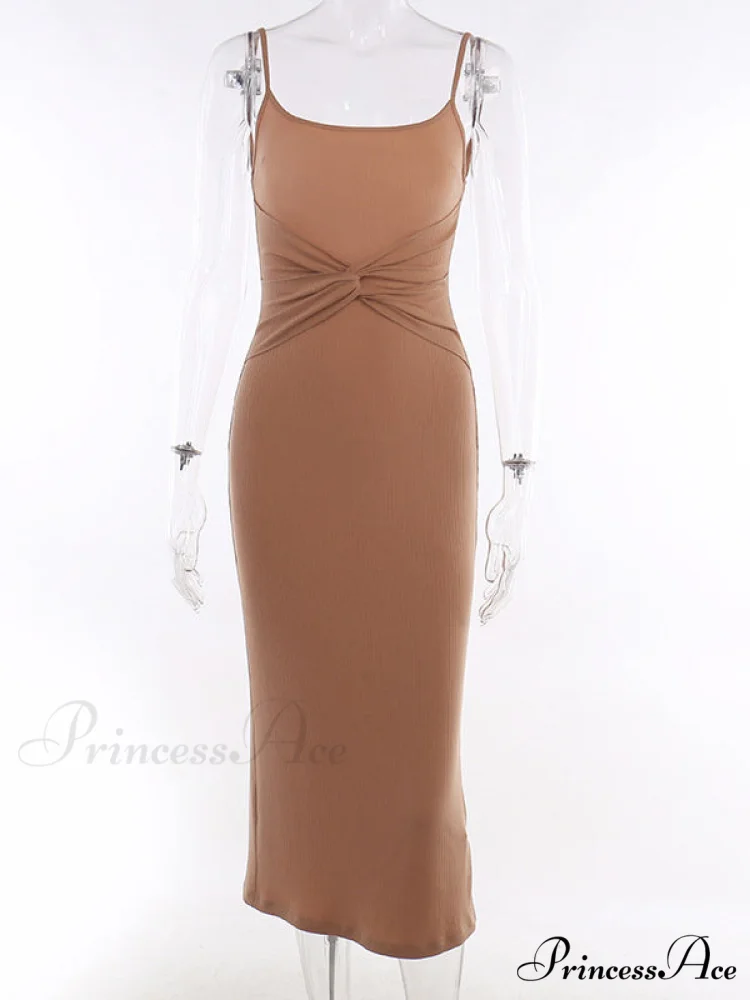 Khaki Midi Bodycon Dress with Spaghetti Straps and Ruched Detail - Image 2