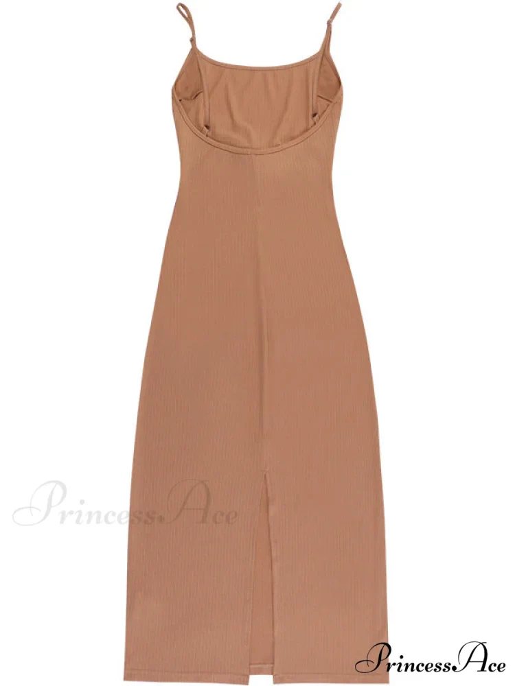 Khaki Midi Bodycon Dress with Spaghetti Straps and Ruched Detail - Image 4