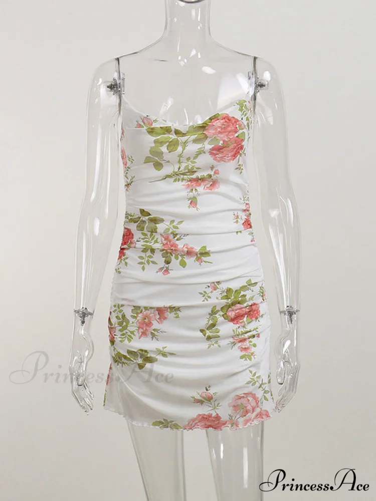 Vintage Floral Mesh Bodycon Dress with Ruched Detail - Image 2