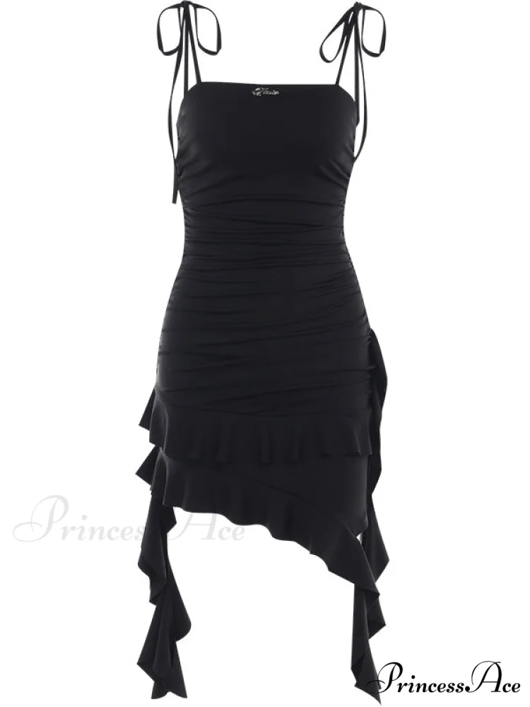 Slinky Ruffle Detail Midi Dress in Black - Image 3