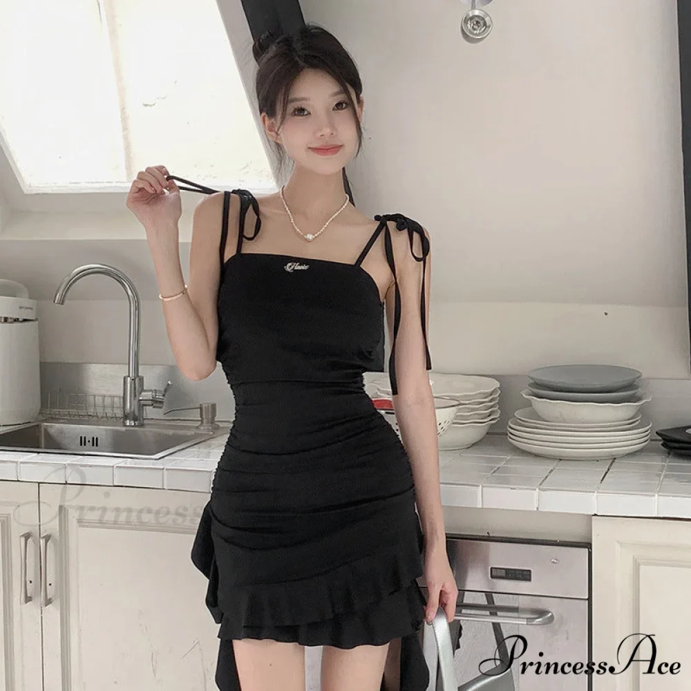 Slinky Ruffle Detail Midi Dress in Black - Image 4