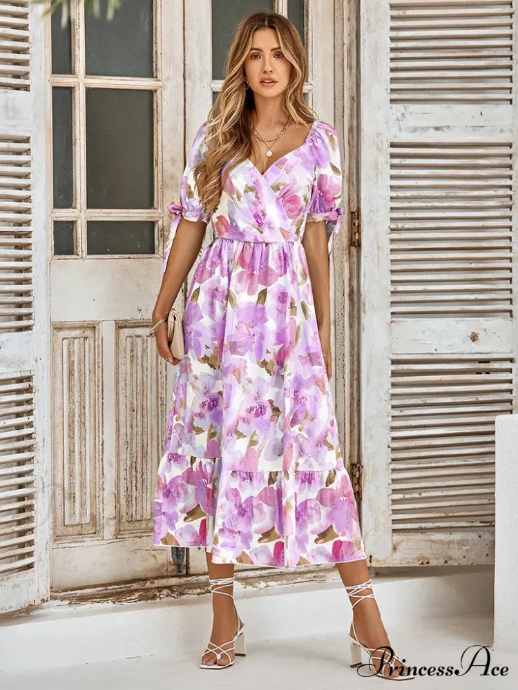 Purple Print Waist Puff Sleeve V-neck Maxi Dress - Image 2
