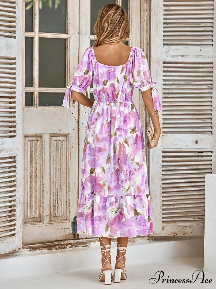 Purple Print Waist Puff Sleeve V-neck Maxi Dress - Image 4