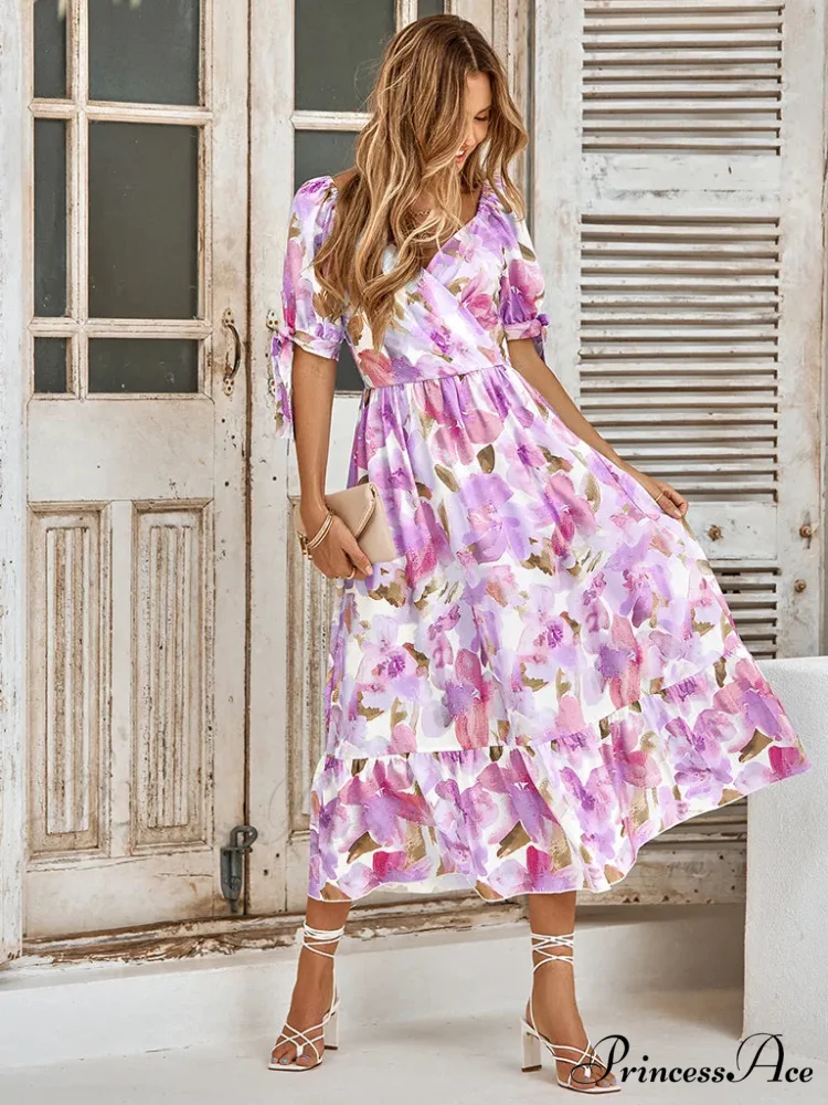 Purple Print Waist Puff Sleeve V-neck Maxi Dress - Image 5