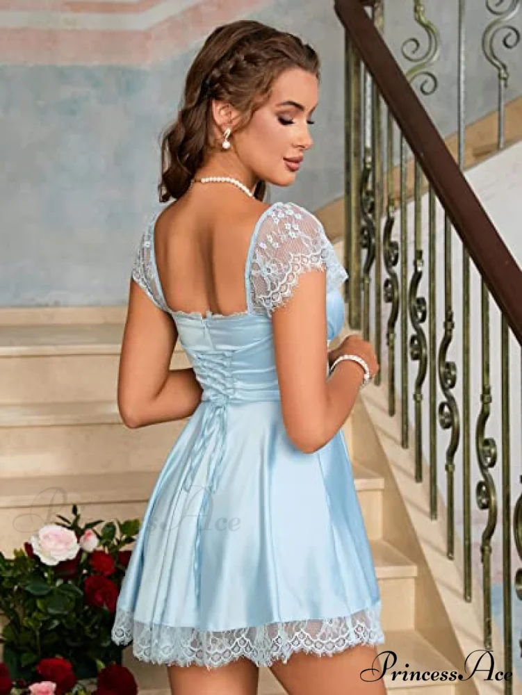 Square Neck Flowy Ruched Bust Dress with Lace - Image 4