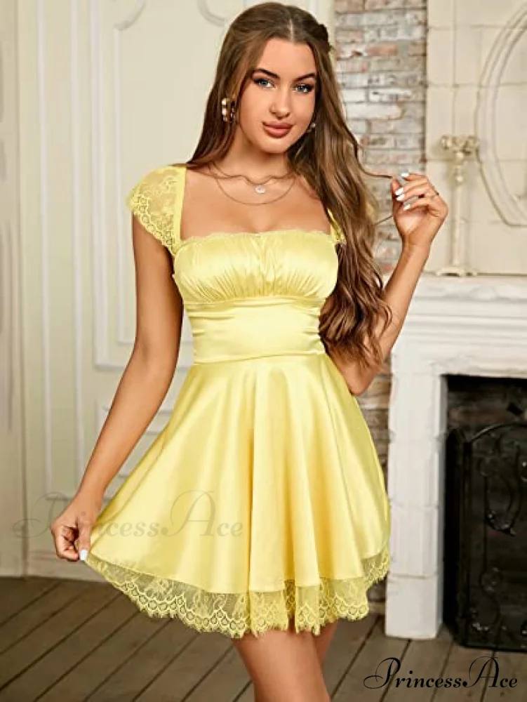 Square Neck Flowy Ruched Bust Dress with Lace - Image 9