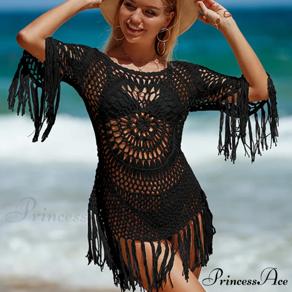 Crochet Fringe Cover Up Mini Dress - Image 2