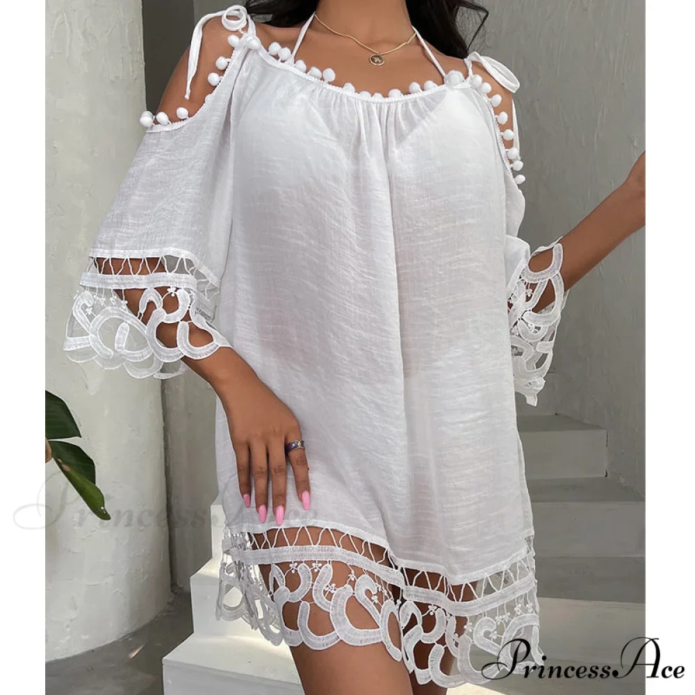 Cold Shoulder Beach Mini Sundress with Lace Embellishments - Image 2