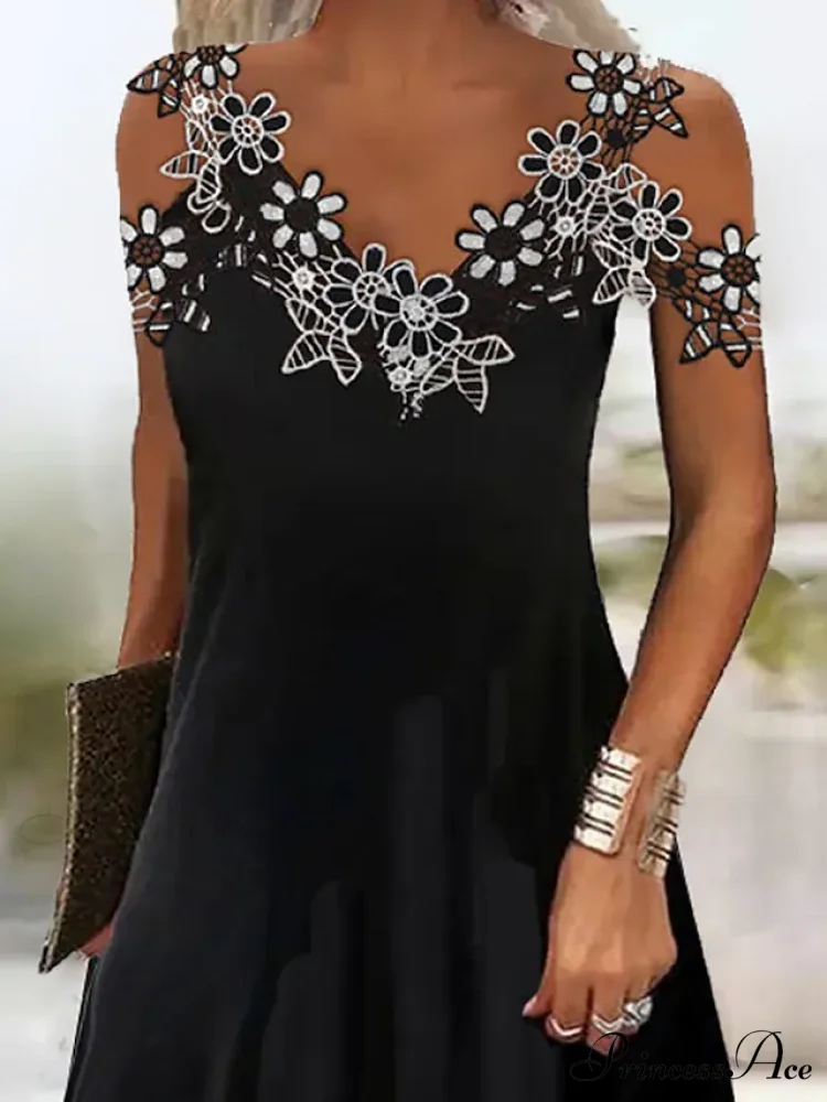 Timeless Grace Black Floral Lace Patchwork Maxi Dress - Image 2