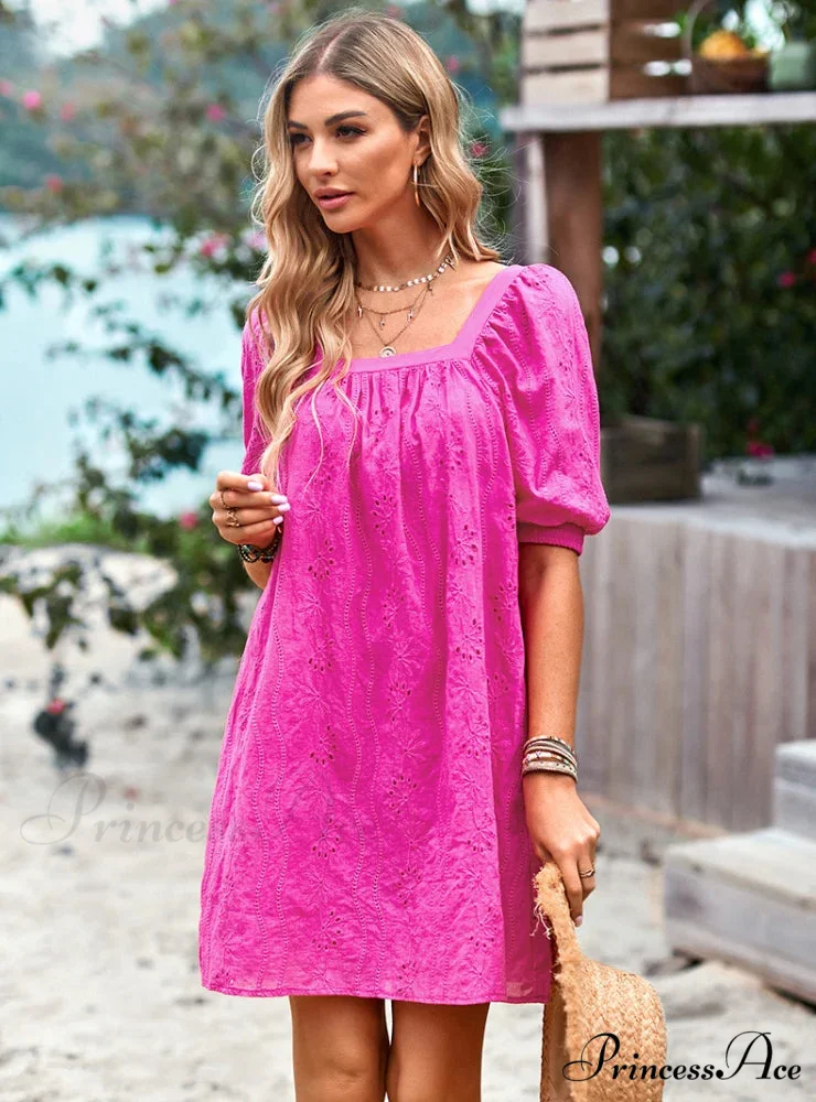 SOLID COLOR OPENWORK JACQUARD DRESS WITH SQUARE COLLAR - Image 2