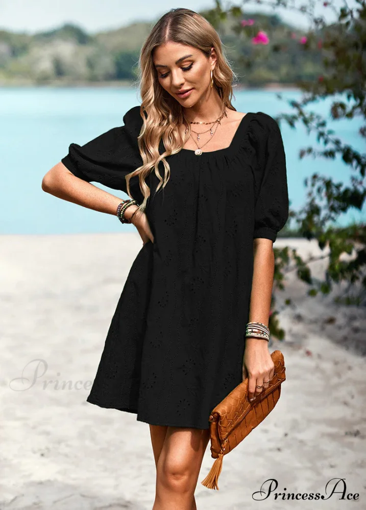 SOLID COLOR OPENWORK JACQUARD DRESS WITH SQUARE COLLAR - Image 4