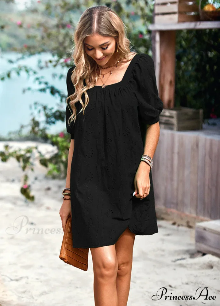 SOLID COLOR OPENWORK JACQUARD DRESS WITH SQUARE COLLAR - Image 5