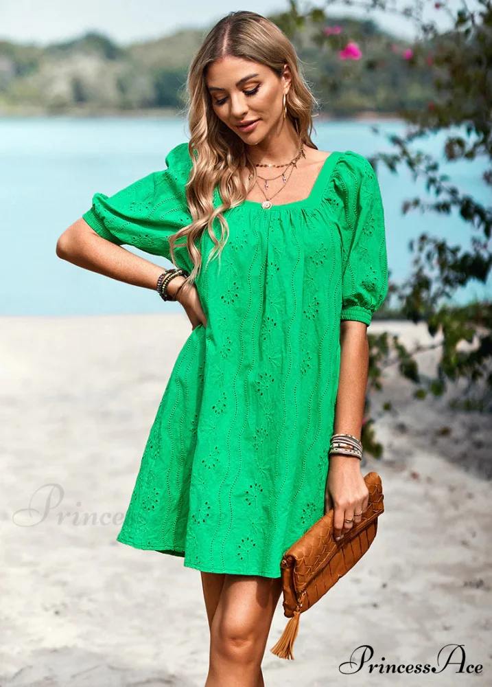 SOLID COLOR OPENWORK JACQUARD DRESS WITH SQUARE COLLAR - Image 6