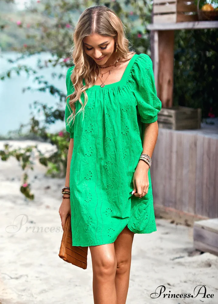 SOLID COLOR OPENWORK JACQUARD DRESS WITH SQUARE COLLAR - Image 7