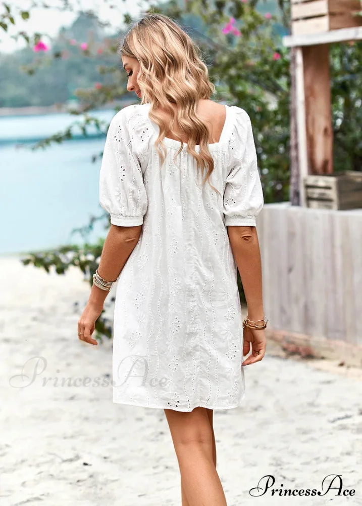 SOLID COLOR OPENWORK JACQUARD DRESS WITH SQUARE COLLAR - Image 9