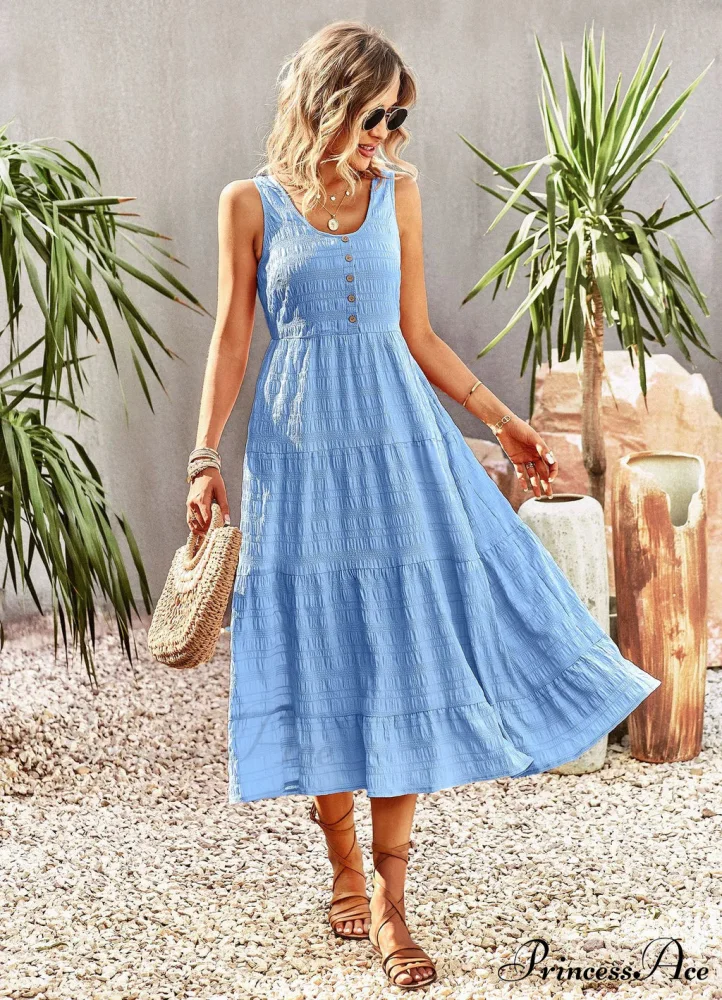 U-Neck Solid Color Dress with Strap - Image 7