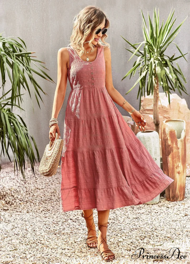U-Neck Solid Color Dress with Strap - Image 8