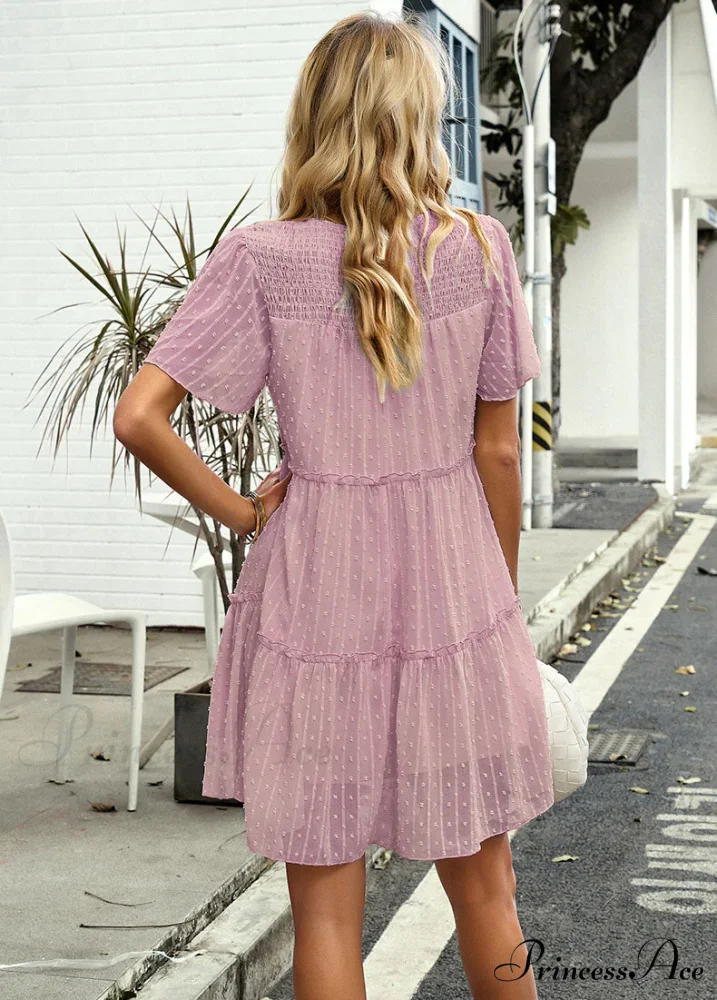 Solid Color Short Sleeve A-Line Dress - Image 10
