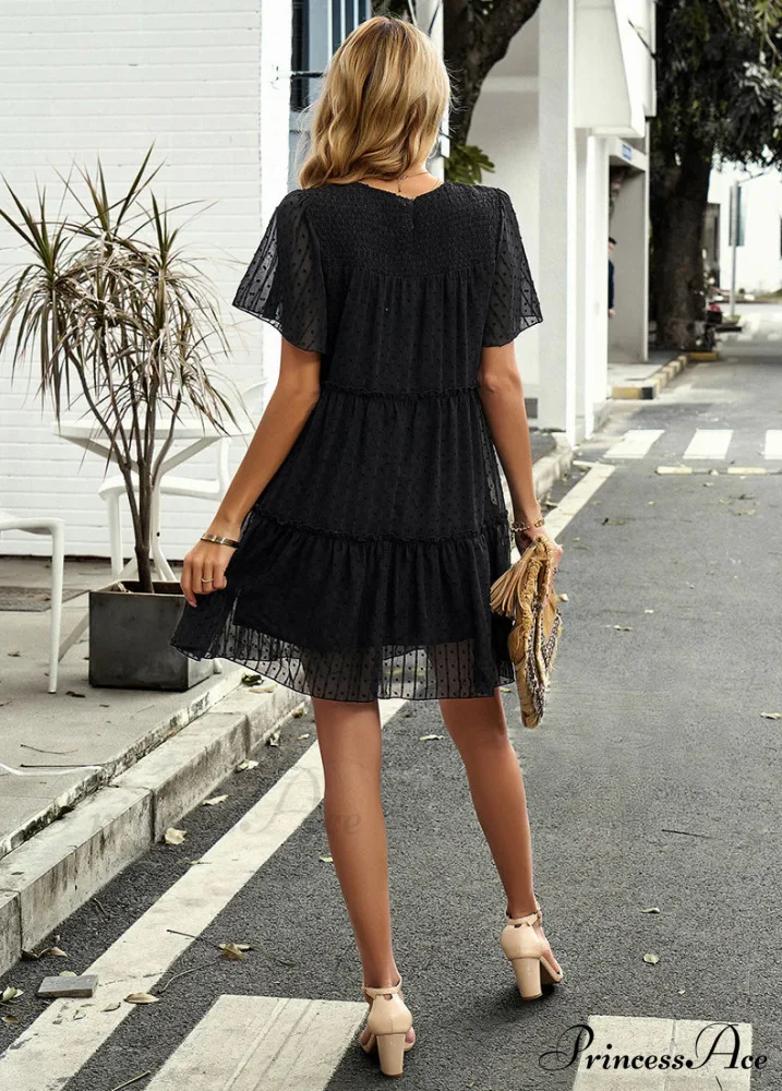 Solid Color Short Sleeve A-Line Dress - Image 3