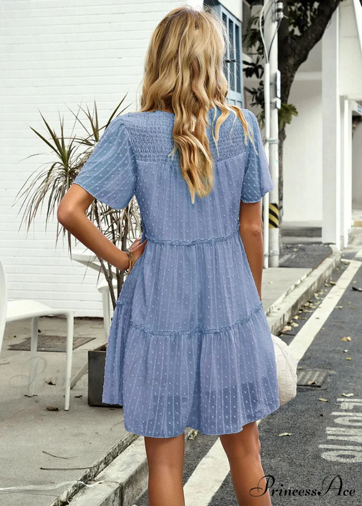 Solid Color Short Sleeve A-Line Dress - Image 6