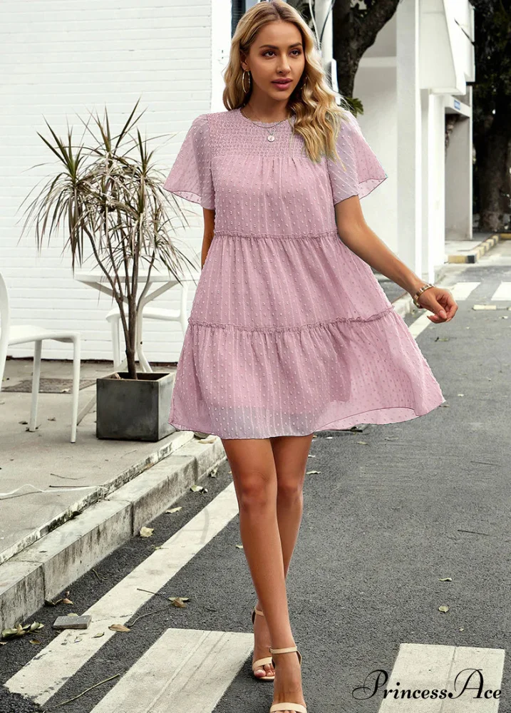 Solid Color Short Sleeve A-Line Dress - Image 9