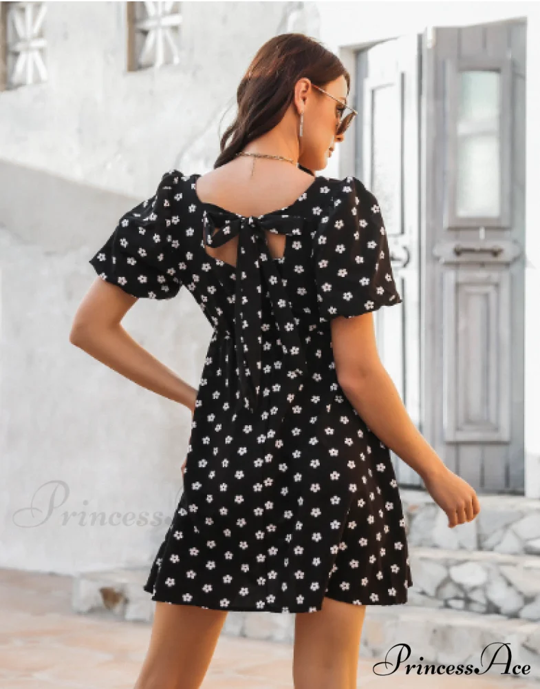 Polka Dot Bubble Sleeve Bow Skirt for Summer - Image 5