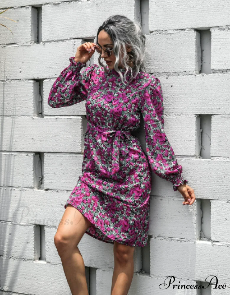 Floral Lace A-Line Skirt with Stand-Up Collar and Lantern Sleeves Dress - Image 10